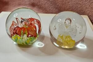 Set of 2 Vintage Hand-Blown Art Glass Orange & Yellow Floral Paperweights